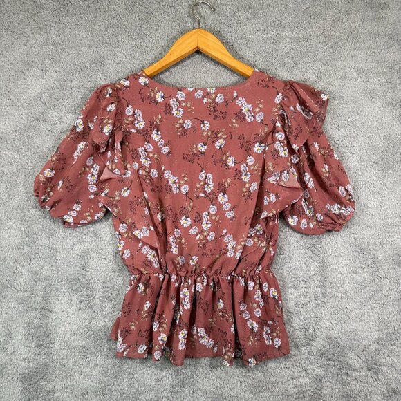 Entro Floral Ruffled V-Neck Top Flutter Sleeves - Picture 2 of 10